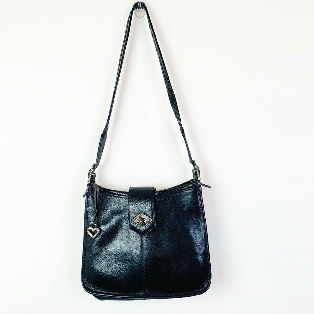 Brighton Women’s Shoulder Bag Black Silver Leather Purse Vintage Turn Lock